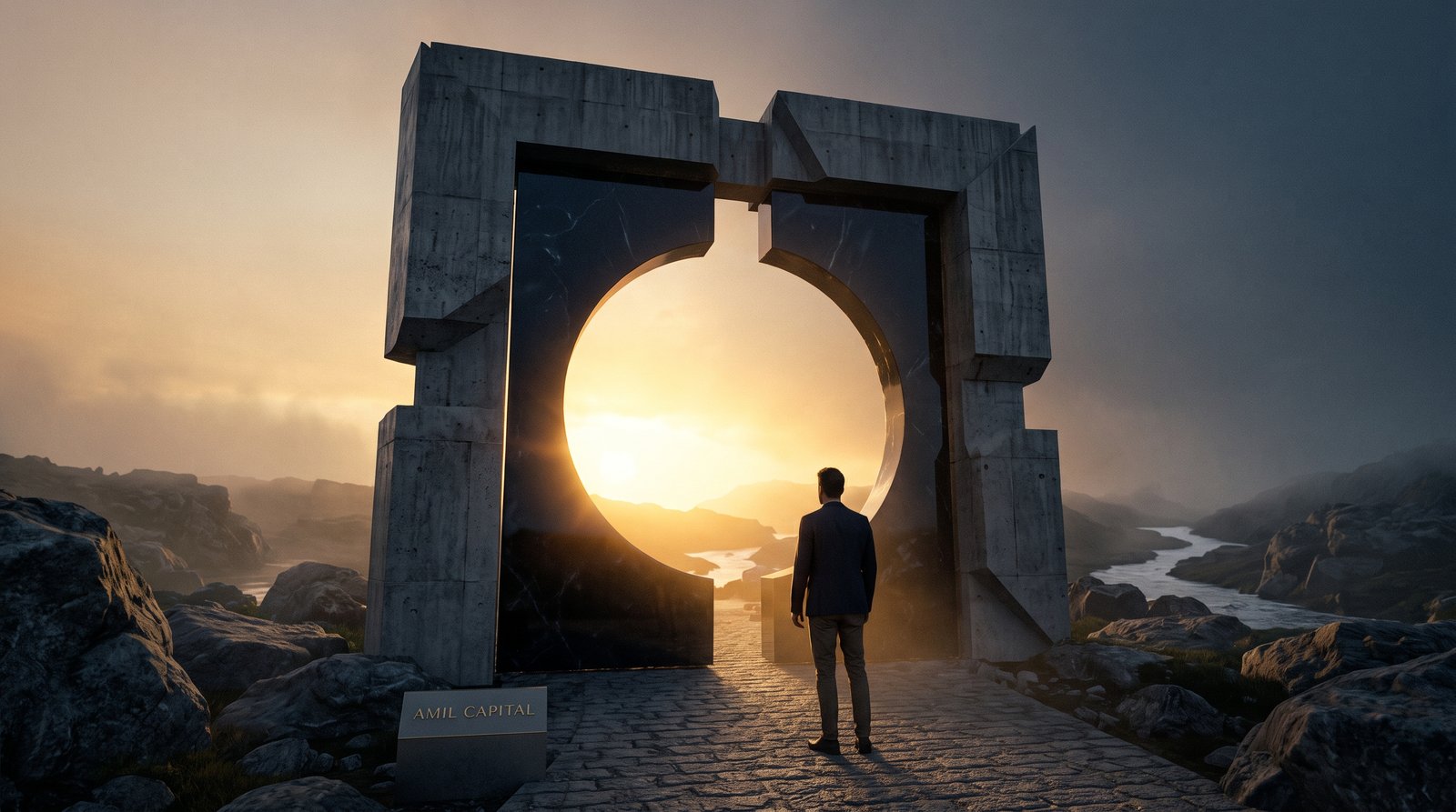 Portal brutalista monumental de obsidiana