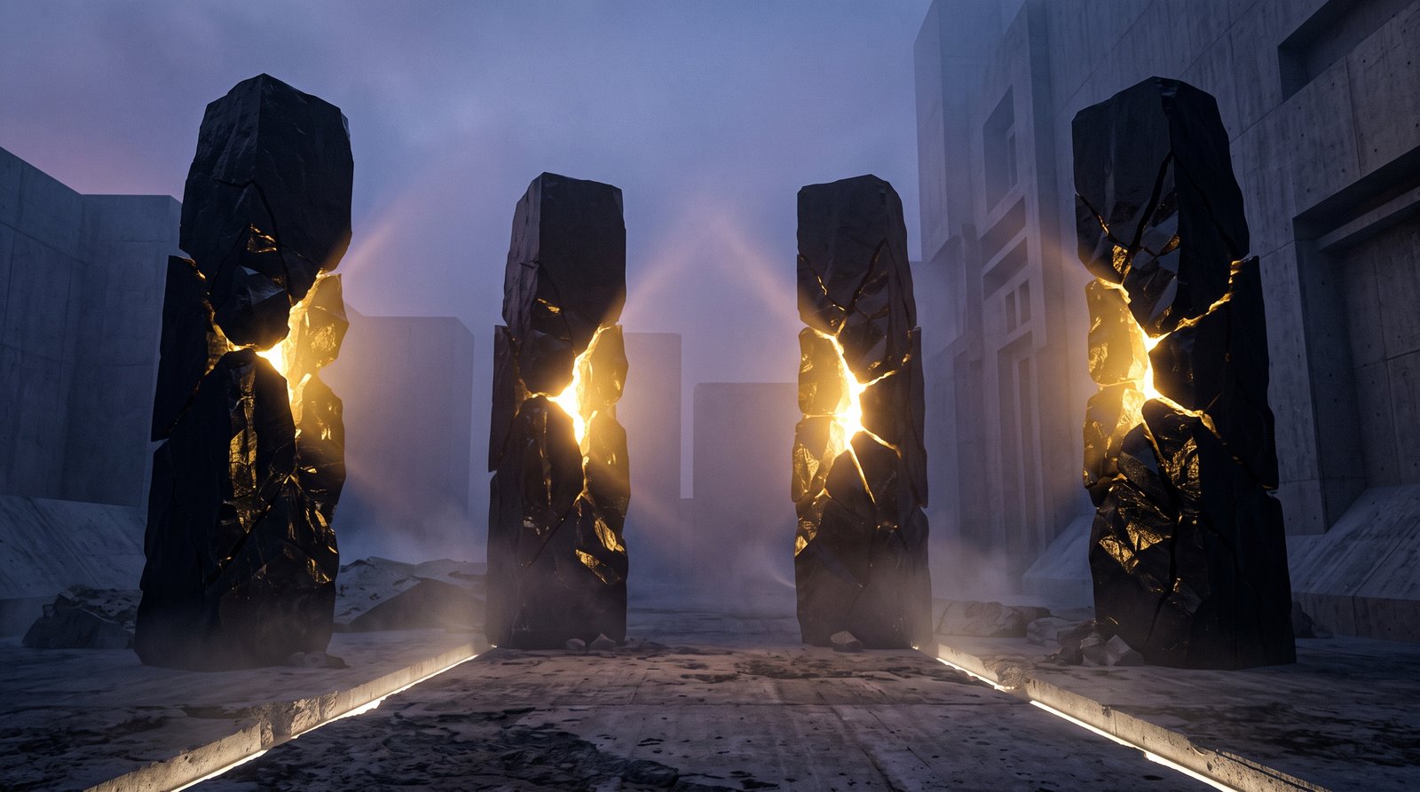 4 monolitos de obsidiana con emisión dorada